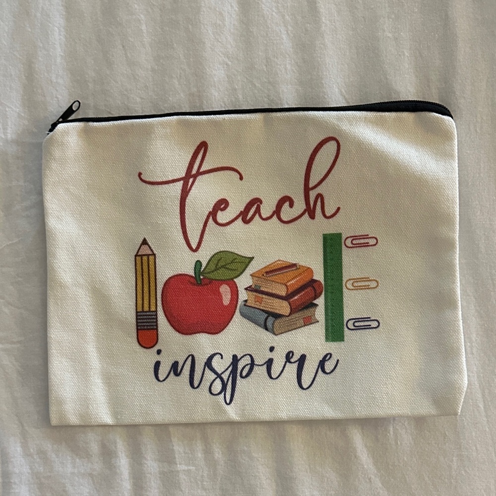 9x7 Teacher Canvas Zipper Pouch: “Teach and Inspire” + school decorations